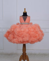 Peach Cloudy Frilled Gown with Handcrafted Beaded Waistline