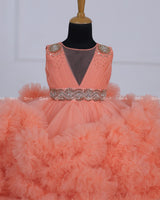 Peach Cloudy Frilled Gown with Handcrafted Beaded Waistline