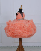 Peach Cloudy Frilled Gown with Handcrafted Beaded Waistline