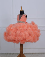 Peach Cloudy Frilled Gown with Handcrafted Beaded Waistline