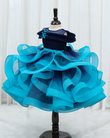 Navy Blue & Sky Blue Ombre Cold Shoulder Twirl Gown for Baby Girl