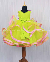 Lime kiss-Lime green and pink twirled birthday gown with lavender and pink hand crafted flowers