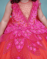 coral and fuchsia pink party wear gown with heavy and crafted yoke and petal detailing