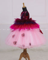 Wine red with Pink shaded Feather Frill with Cartoon Roses Embellishment