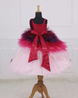 Wine red with Pink shaded Feather Frill with Cartoon Roses Embellishment