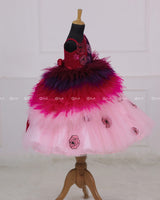 Wine red with Pink shaded Feather Frill with Cartoon Roses Embellishment