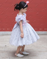 Misty Grey Feather Frock With Heavy Handworked Yoke And Draped Sleeve With Hanging Tassels