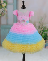 Baby Pink, Baby Blue and Macron Yellow Multilayered Pleated Frock with Ice Cream Patches