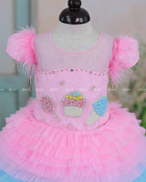 Baby Pink, Baby Blue and Macron Yellow Multilayered Pleated Frock with Ice Cream Patches