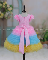 Baby Pink, Baby Blue and Macron Yellow Multilayered Pleated Frock with Ice Cream Patches
