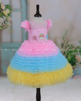 Baby Pink, Baby Blue and Macron Yellow Multilayered Pleated Frock with Ice Cream Patches