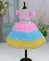 Baby Pink, Baby Blue and Macron Yellow Multilayered Pleated Frock with Ice Cream Patches