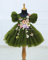 Olive Green Fairy Tale Dress Highlighted with Flowers