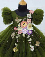 Olive Green Fairy Tale Dress Highlighted with Flowers