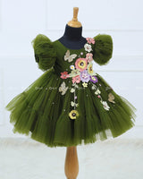 Olive Green Fairy Tale Dress Highlighted with Flowers
