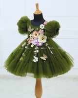 Olive Green Fairy Tale Dress Highlighted with Flowers