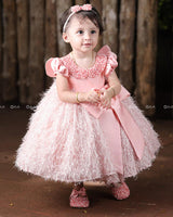 Cotton Candy Feather Gown With Handworked Peter Pan Collar And Long bow