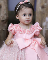 Cotton Candy Feather Gown With Handworked Peter Pan Collar And Long bow