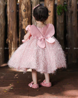 Cotton Candy Feather Gown With Handworked Peter Pan Collar And Long bow