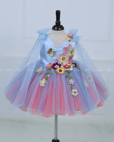 Flamingo Peach And Blue Tulle Dress With Flower Applique And Bow Tied Shoulder