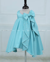 Sleeveless Aqua Frock With A Pearl-Detailed Bow And Flared Hem