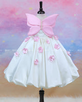Milky White Satin Frock With A Pink Butterfly Bodice And 3D Floral Accents, Perfect For A Fairy-Tale Look