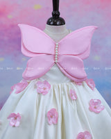 Milky White Satin Frock With A Pink Butterfly Bodice And 3D Floral Accents, Perfect For A Fairy-Tale Look