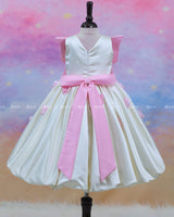 Milky White Satin Frock With A Pink Butterfly Bodice And 3D Floral Accents, Perfect For A Fairy-Tale Look
