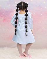 Light Blue A-Line Top With Printed Blue Motifs, Pearl Accents, And An Embroidered Neck.