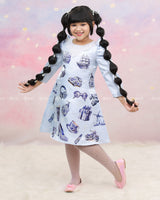 Light Blue A-Line Top With Printed Blue Motifs, Pearl Accents, And An Embroidered Neck.