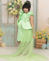 Tomatillo Satin Dress With 3D Flowers And Peplum Waist