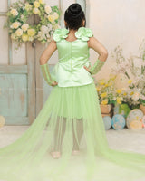 Tomatillo Satin Dress With 3D Flowers And Peplum Waist