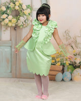 Tomatillo Satin Dress With 3D Flowers And Peplum Waist