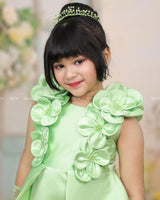 Tomatillo Satin Dress With 3D Flowers And Peplum Waist