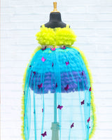 Lime Green Sky blue and Purple Combo Frilled Frock with Beaded Belt