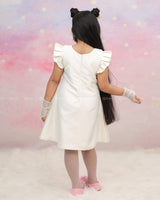 Cream Peter Pan Collar Dress With Cartoon Print And Frilled Sleeves.