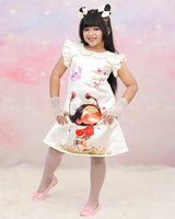 Cream Peter Pan Collar Dress With Cartoon Print And Frilled Sleeves.