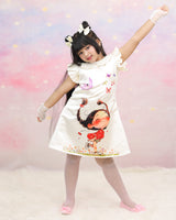 Cream Peter Pan Collar Dress With Cartoon Print And Frilled Sleeves.