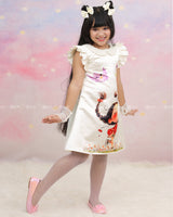 Cream Peter Pan Collar Dress With Cartoon Print And Frilled Sleeves.