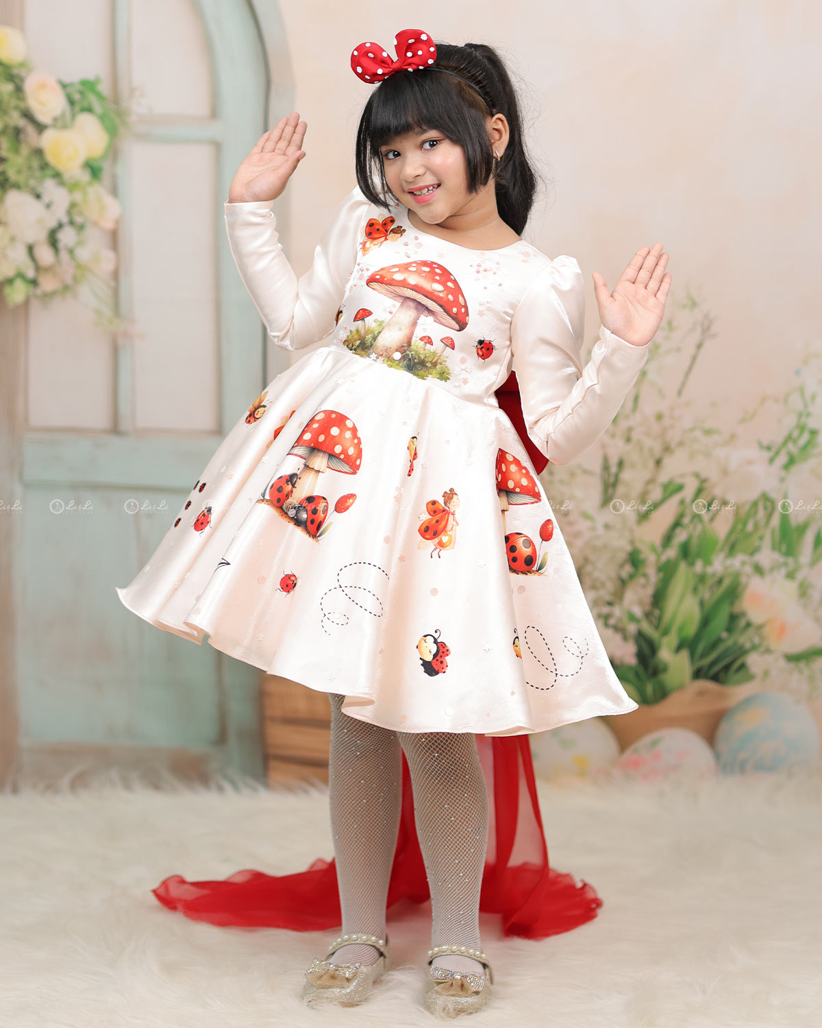 Ivory Dress With Mushroom And Ladybug Prints, Red Back Trail –  www.liandli.in