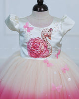 Cream And Pink Ombre Frock With 3D Swan Appliqué And Layered Tulle Skirt