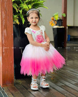 Cream And Pink Ombre Frock With 3D Swan Appliqué And Layered Tulle Skirt