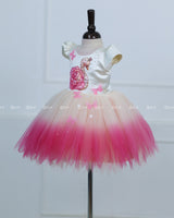 Cream And Pink Ombre Frock With 3D Swan Appliqué And Layered Tulle Skirt