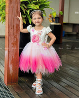 Cream And Pink Ombre Frock With 3D Swan Appliqué And Layered Tulle Skirt