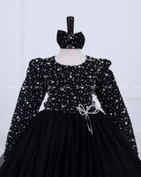 Black organza frock with white pearl embellishment
