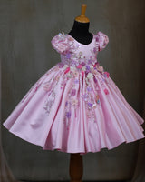 Elegant pink floral frock with puff sleeves and handworked butterfly