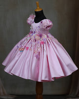 Elegant pink floral frock with puff sleeves and handworked butterfly