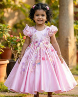 Elegant pink floral frock with puff sleeves and handworked butterfly