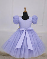 Ash Blue Glitter Net Floral Fairy Puff-Sleeve Frock for Girl's Party Wear