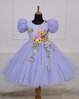 Ash Blue Glitter Net Floral Fairy Puff-Sleeve Frock for Girl's Party Wear